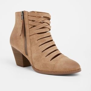 TORRID Brown Strappy Front Stacked Heel Booties